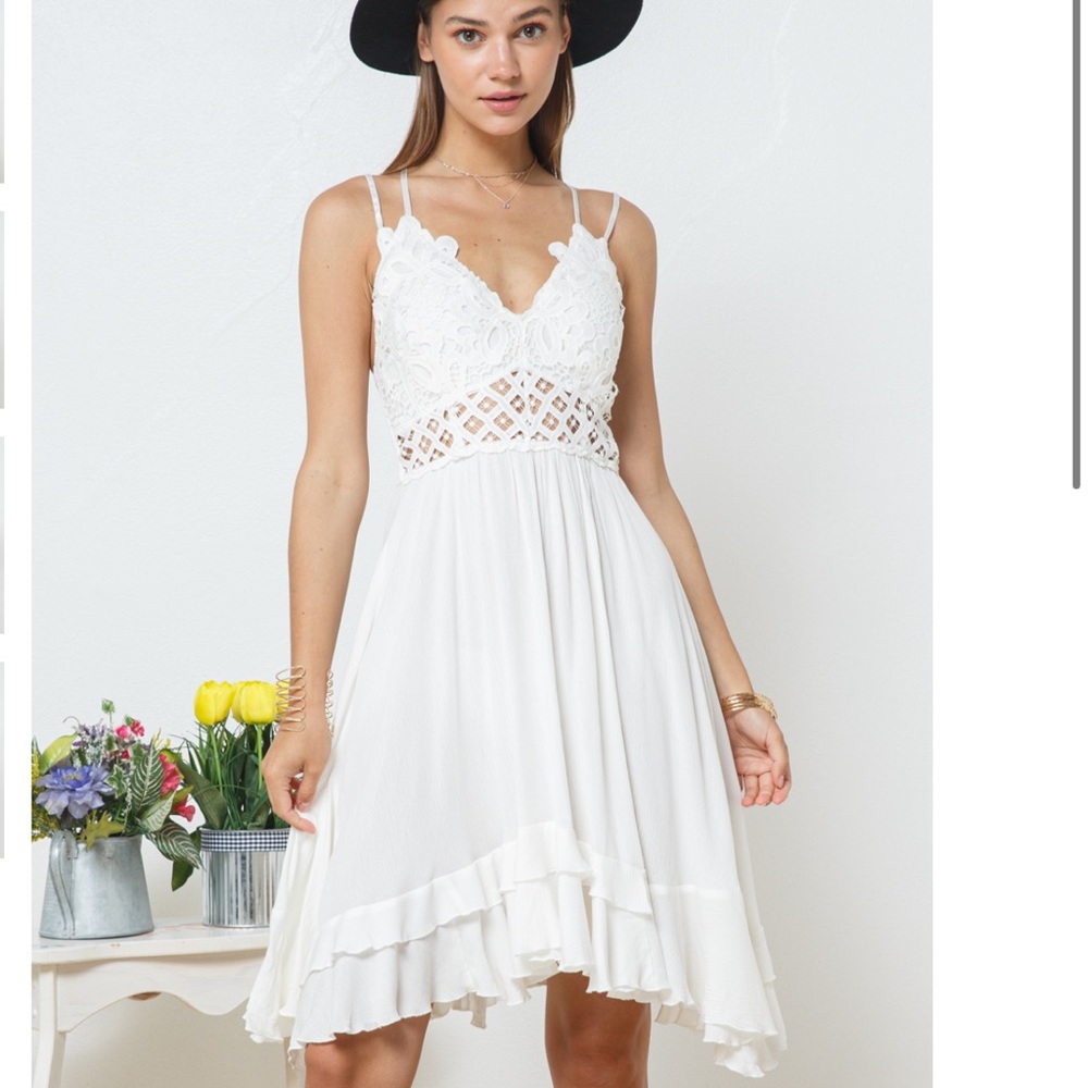 ONE LEFT ☝️NEW White Bralette Lace Double Strap Ruffle Asymmetrical Midi Dress